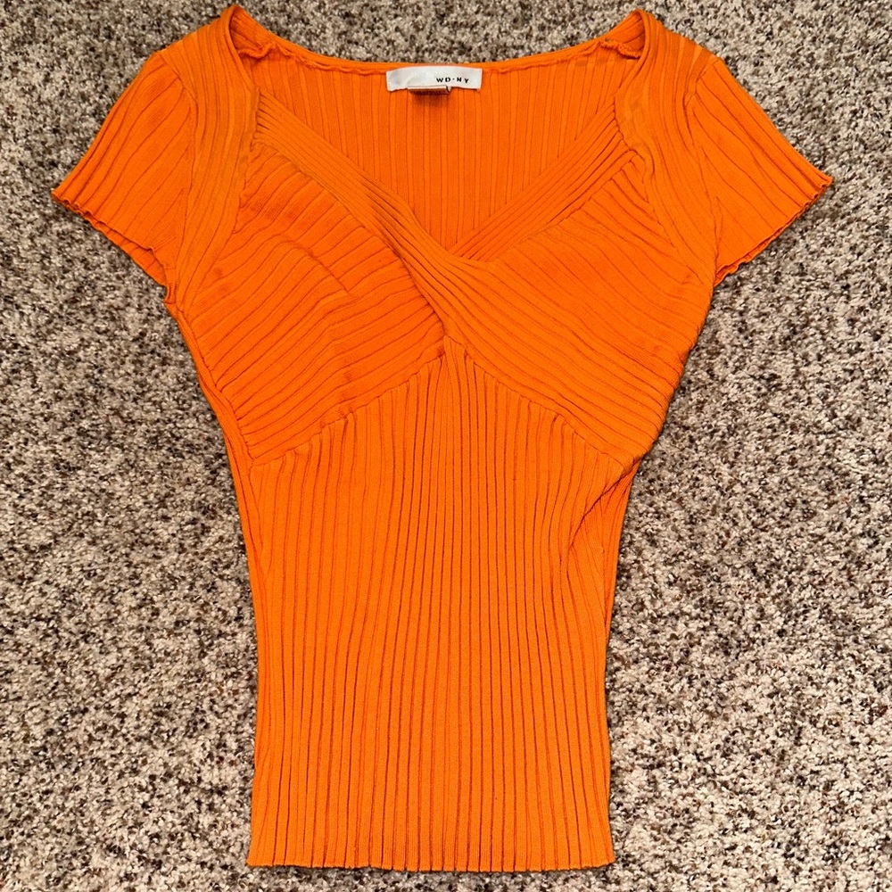 Orange WD.NY Cross Front Ribbed Form Fitting Blouse - Size Small (S)